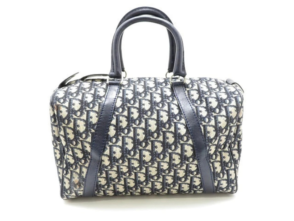 Christian Dior Boston bag Trotter Navy Blue Beige Cream canvas calfskin